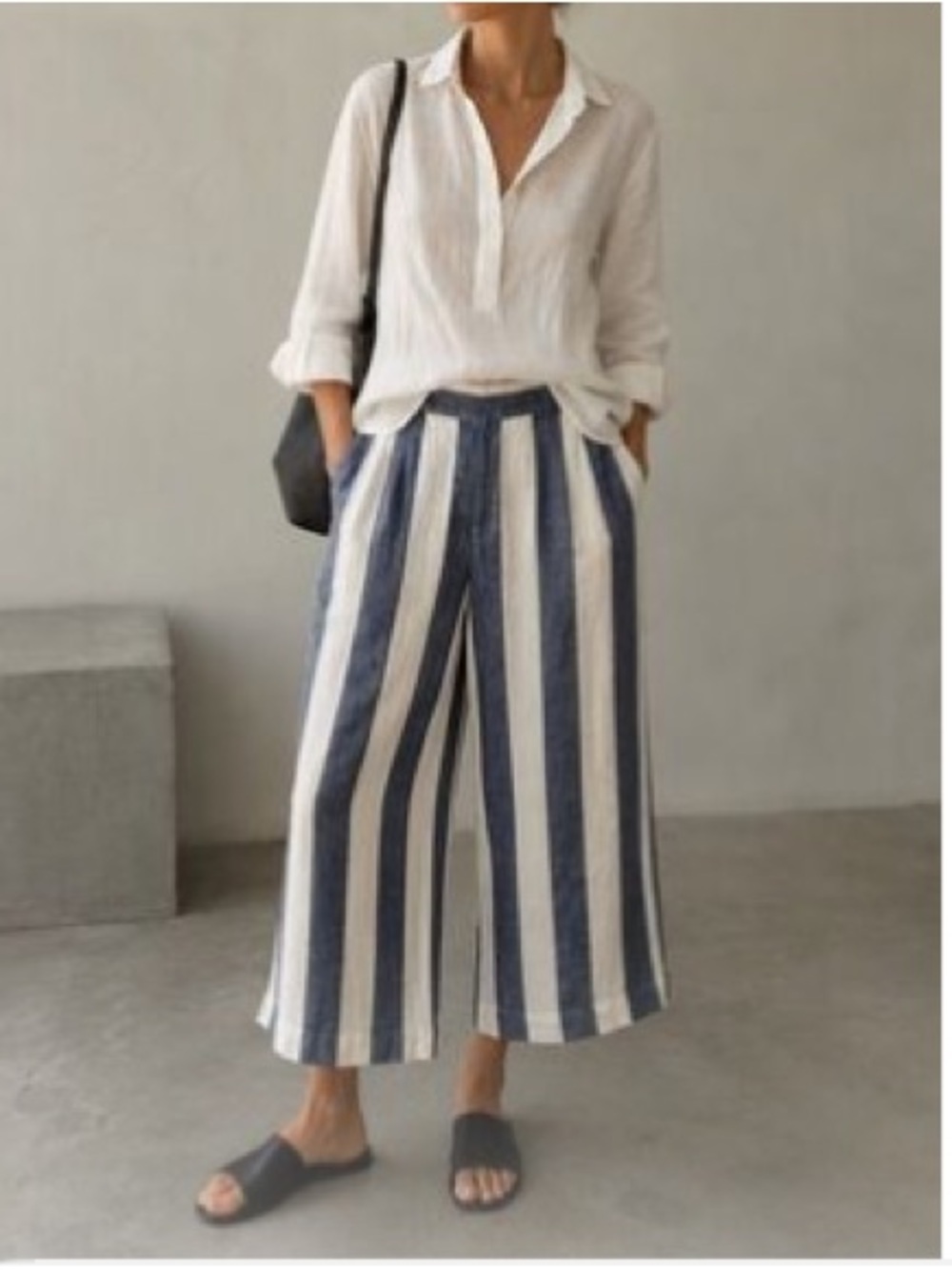 Madewell Huston Blue/White Striped Wide Leg Crop Pull on Linen Pant Women Size L